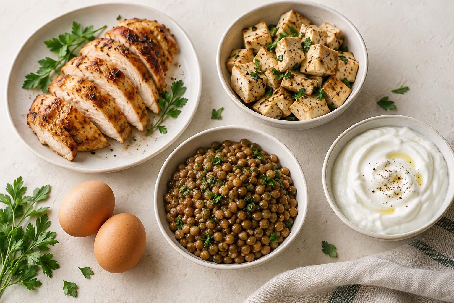 Chicken, tofu, lentils, Greek yogurt, and eggs in ceramic dishes